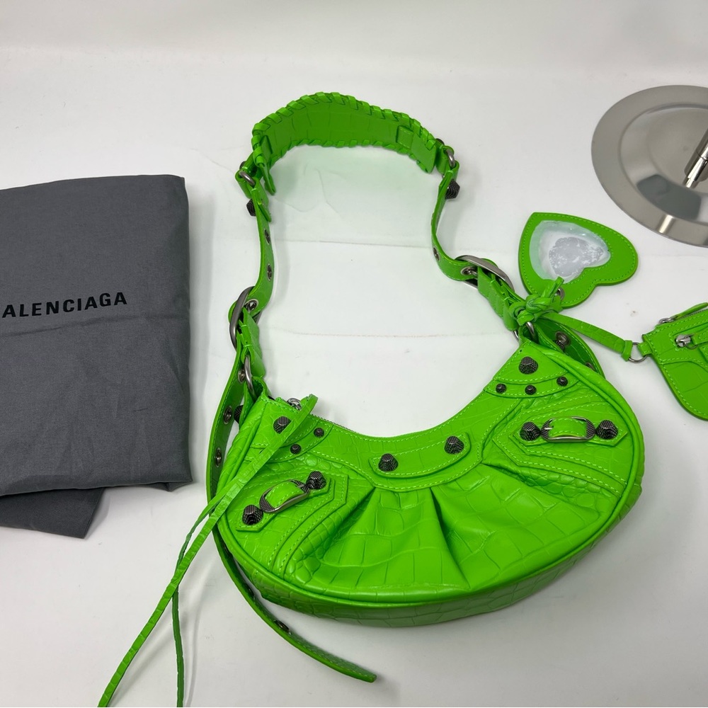 New Balenciaga Le Cagole XS studded neon croc-effect leather bag - Picture 8 of 13